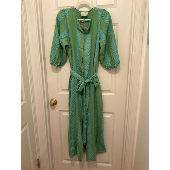 AUGUST RESORTWEAR ZAKAR GREEN LAUREL LEAF BALLOON SLEEVE MAXI DRESS SZ XS/S $240 - Picture 1 of 11
